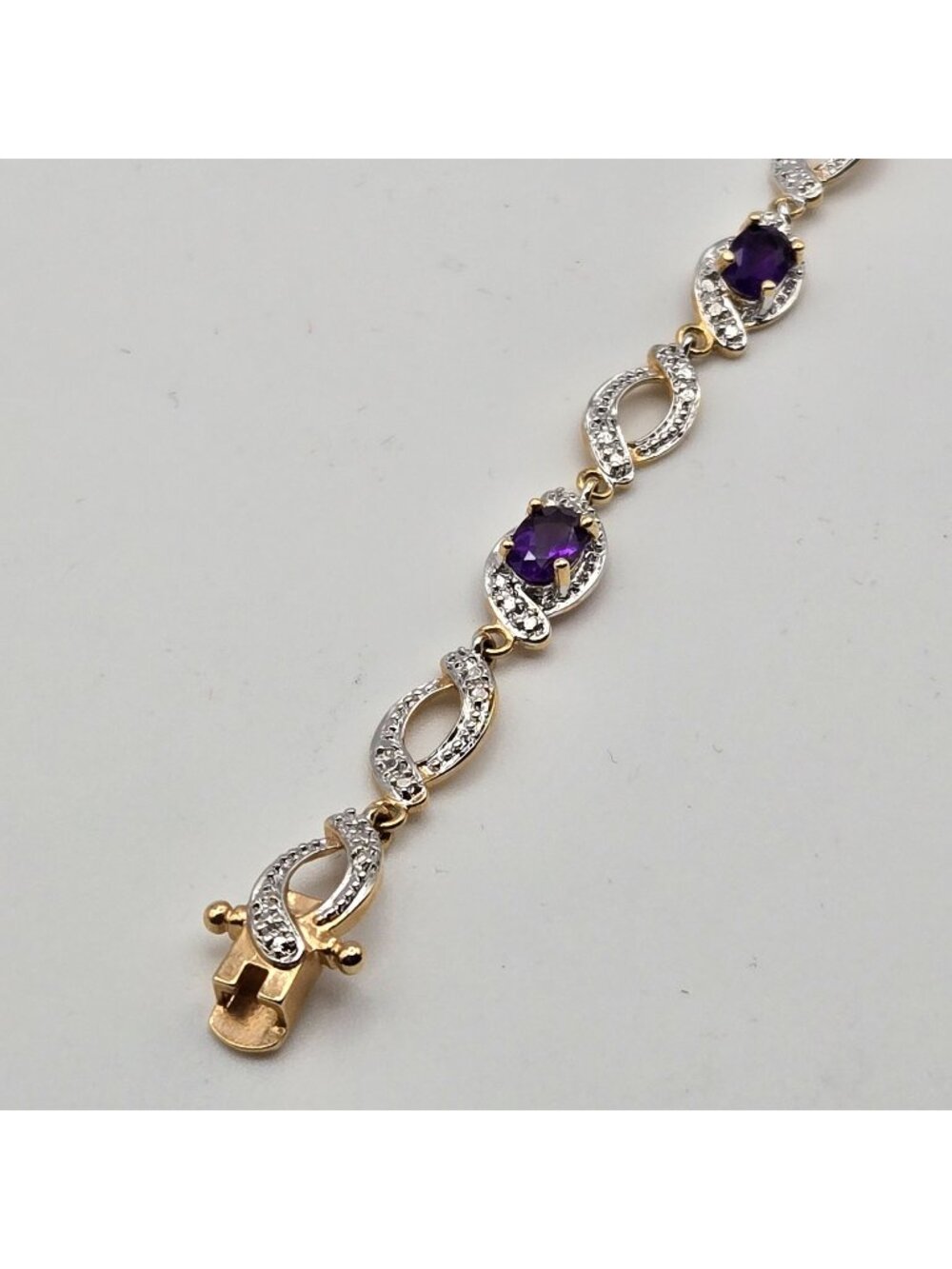 Gold Over 925 Sterling Silver Amethyst Diamond Link Bracelet 7.5 Inches